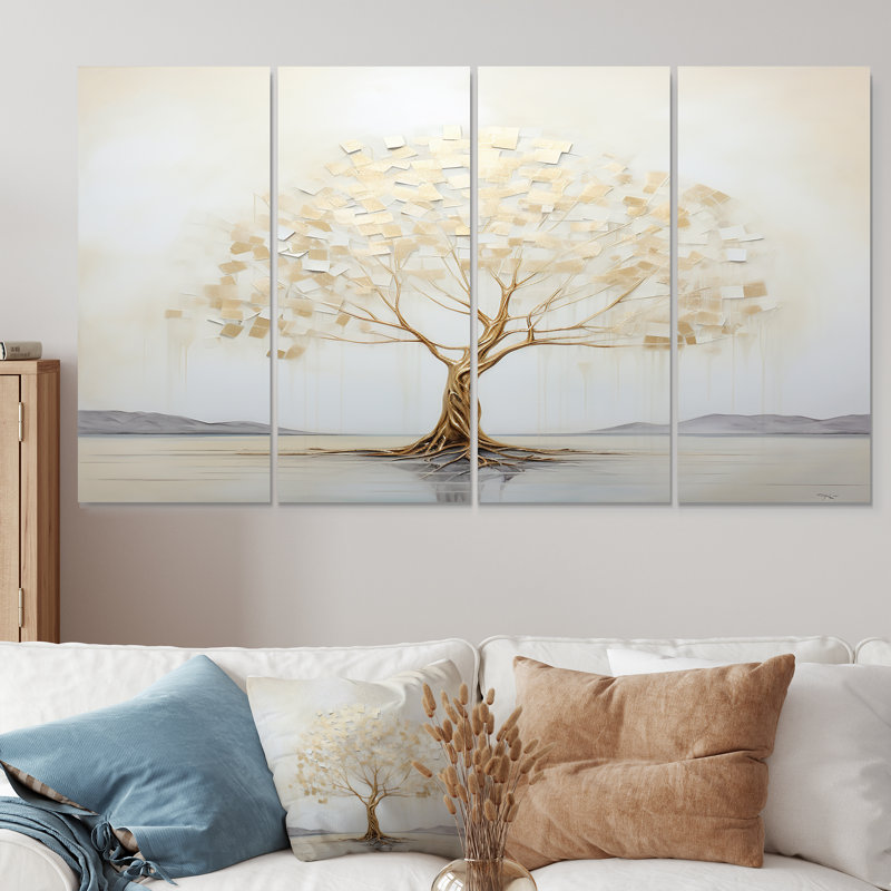 «Golden Tree In Lake Early Spring II», art mural sur toile 4 pièces, H 32 po x l 64 po