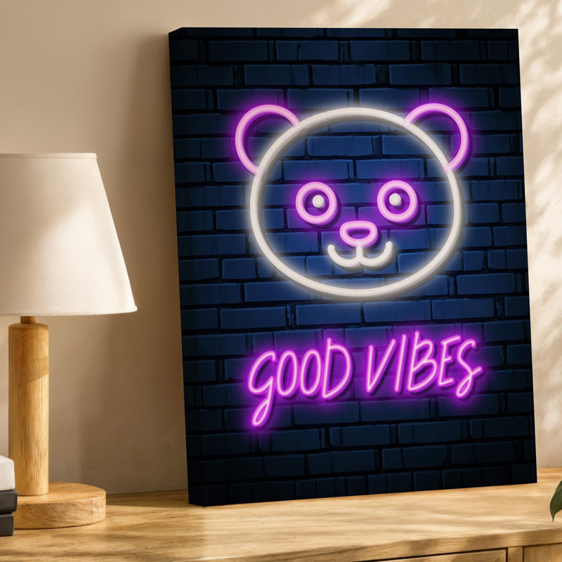 Reproduction d'art sur toile, "Neon Vibrant", avec un visage de panda ludique, illuminé en néon rose et blanc doux contre une toile