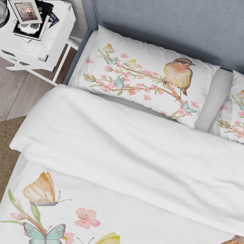 Joli oiseau assis sur une branche de Sakura - Ensemble de housse de couette traditionnel - Microfibre de polyester
