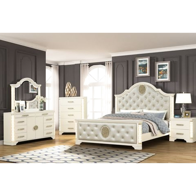 Armoire de chevet beige à 2 tiroirs avec éclairage à DEL et attrayante garniture décorative dorée