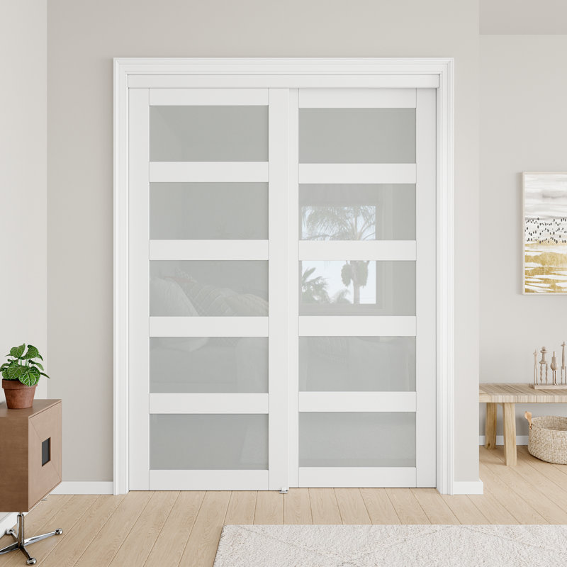 Porte coulissante 60 po x 80 po à panneaux en verre givré blanc avec ensemble de quincaillerie d'installation et porte coulissante 