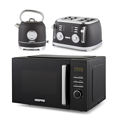 GEEPAS 23L Digital Microwave Oven, Kettle & Toaster Kitchen Combo Set | 3000W Rapid Boil Cordless Jug Kettle | 1600W Toastie Machine | 60 Min Timer 8 Pre-Set Modes 800W Oven Black