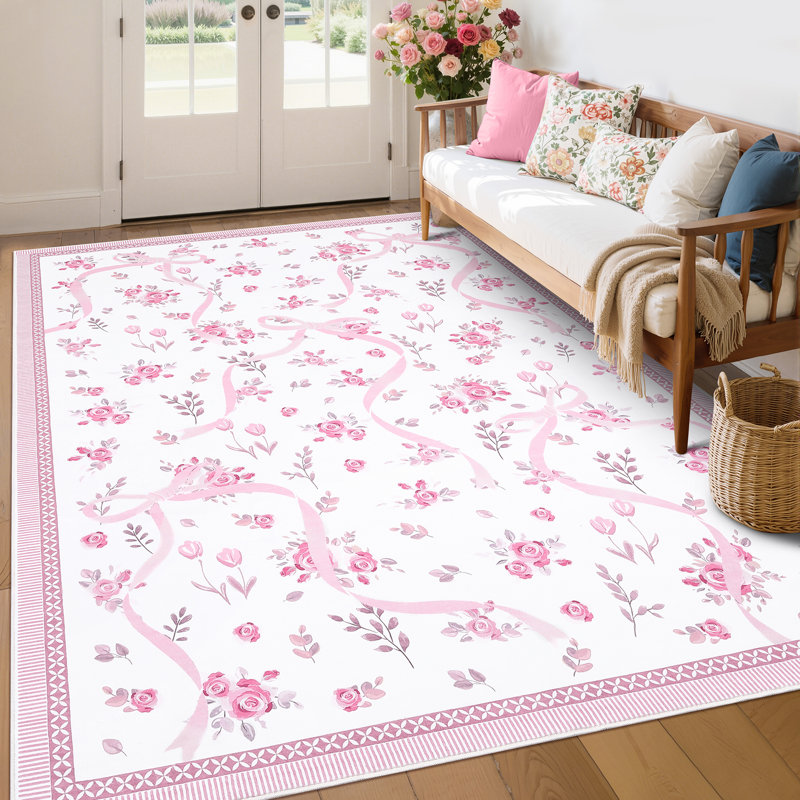Washable Area Rug Bow Décor, Rectangle 8' x 10', Pink/White