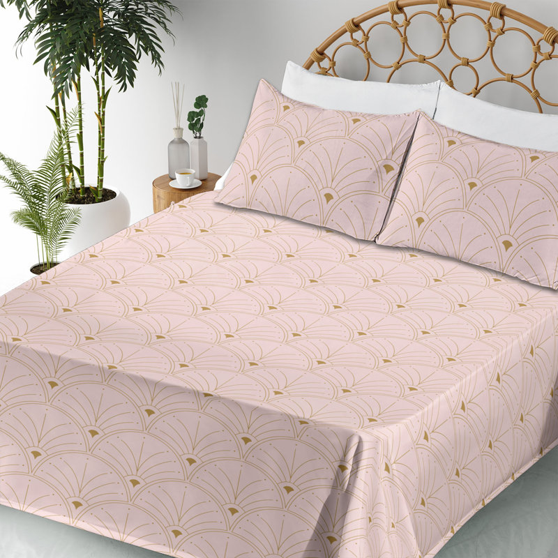 Microfiber Sheet Set, Full Sheet Set with 2 Pillowcases, Rose/Sand Brown Geometric