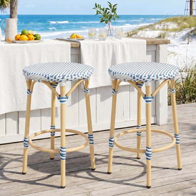 25’’ Rattan Outdoor Bar Stool with Round Footrest, Polyethylene (PE) Wicker Backless Counter Stool for Kitchen Island/Dining Room/Seaside/Garden
