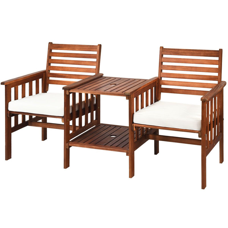 3 Pieces Wooden Table Chairs Set With Cushions Acacia Wood Loveseat With Table