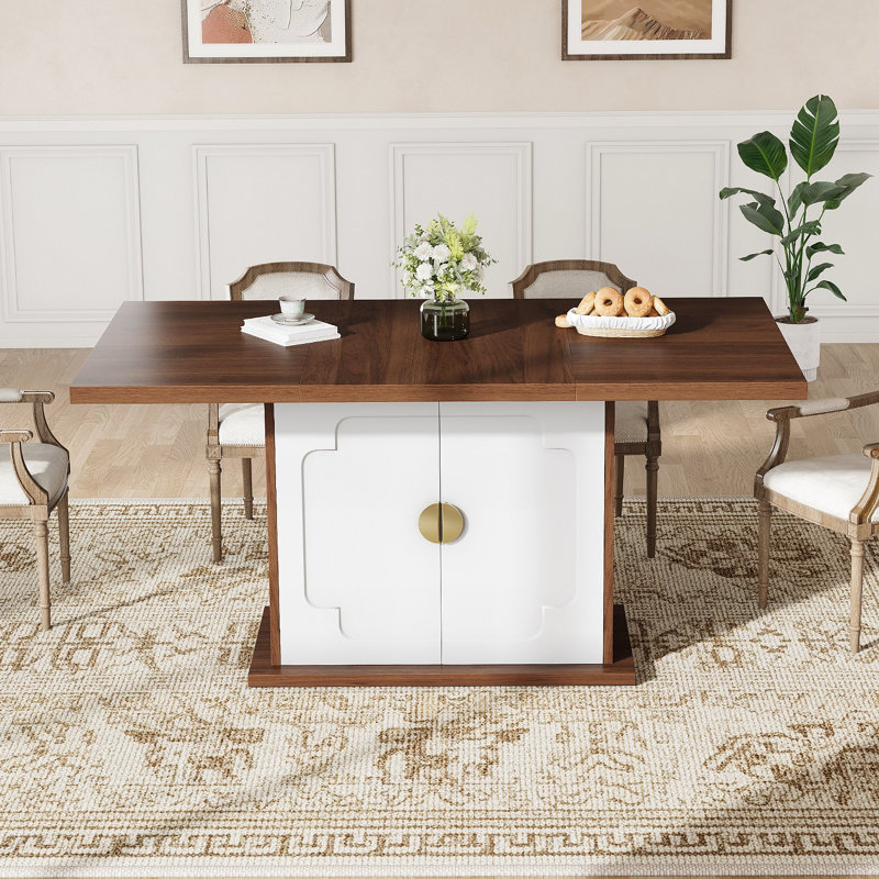 Table de salle à manger pour 4-6, table de cuisine rectangulaire avec base à piédestal et tablettes de rangement (table seulement)