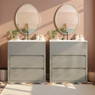 60" Double Sinks Bathroom Vanity Set, Bathroom Cabinet With Two Separate Ceramic Sinks, Full-Extension Drawers & Soft Close Undermount Drawer Slides