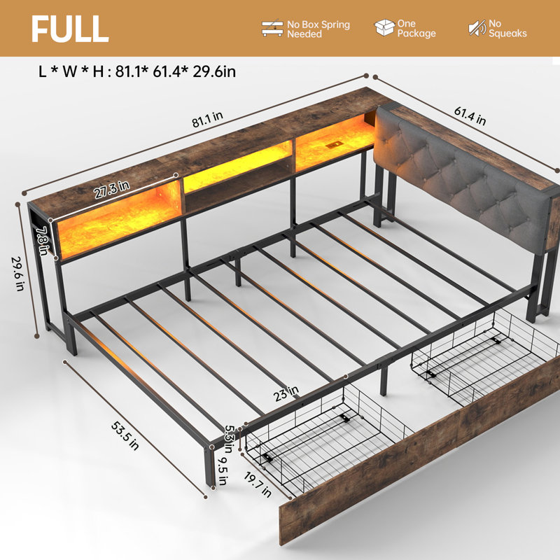 Full Corner Bed Frame with Headboard and 2 Storage Drawers,Daybed with Storage Bookcase,LED Lights and Charging Station, Full