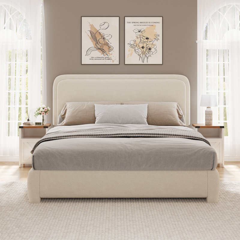 Bensu Boucle Upholstered Platform Bed，3-Piece Bedroom Sets, White Cream, Queen
