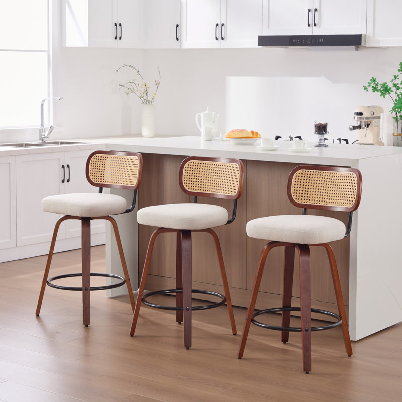 26-Inch Seat Height Mid-Century Modern Bar Stools With Cane Back And Walnut Wood Legs, 3, Beige