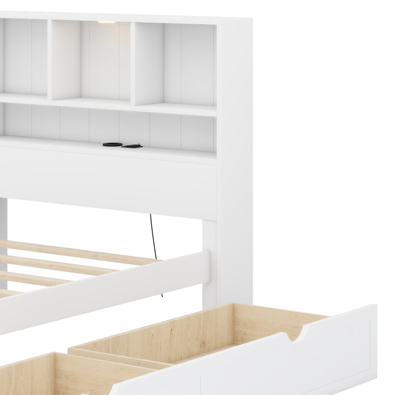 Platform Bed With Bookcase Headboard, White
