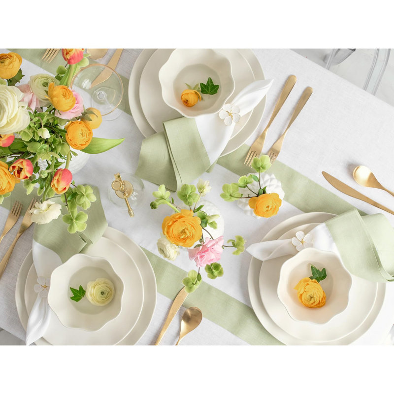 Linen Table Runners, Sage Green/White, 144" x 14"