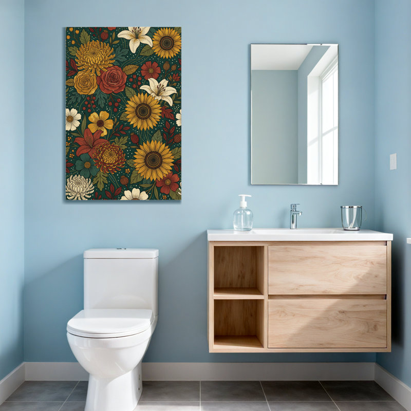 Plantes et fleurs, motif floral avec tournesols, roses et lys, H 36 po x l 24 po
