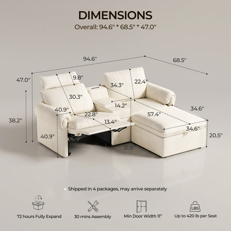 Canapé modulaire inclinable avec console et repose-pieds avec rangement, canapé modulaire en velours côtelé avec charge USB, porte-gobelets et inclinaison électrique, blanc