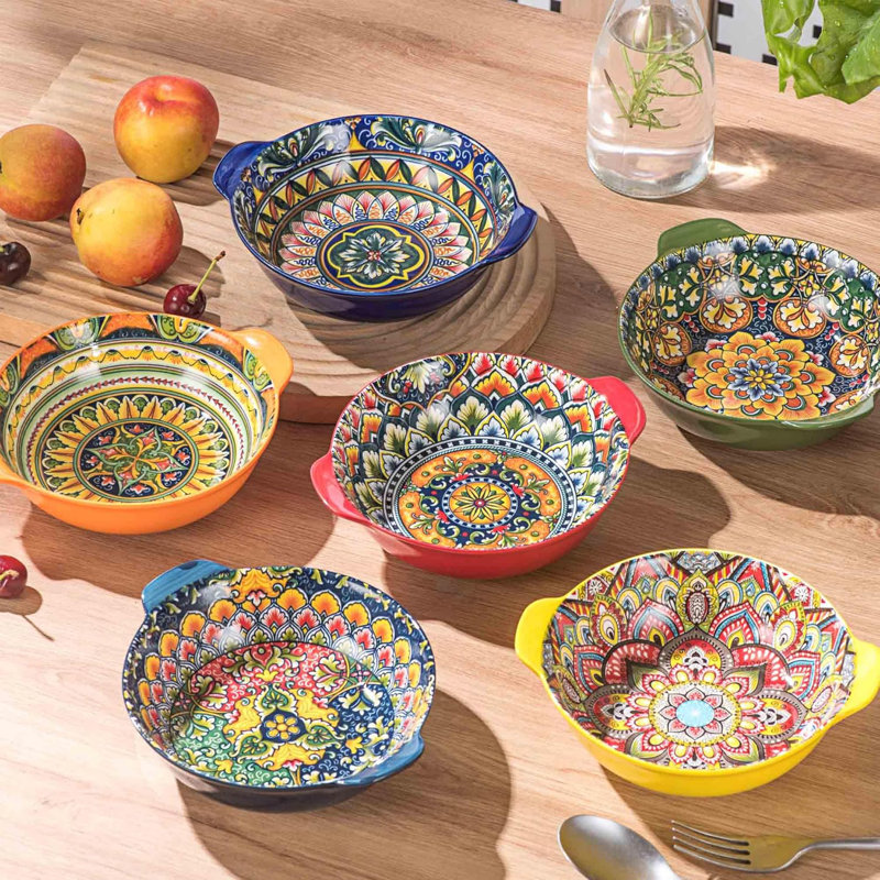 Ensemble de 6 bols en céramique avec poignées, bols à soupe et à salade de style bohémien, va au micro-ondes et au lave-vaisselle, vaisselle en porcelaine durable pour nouilles, pâtes et collations