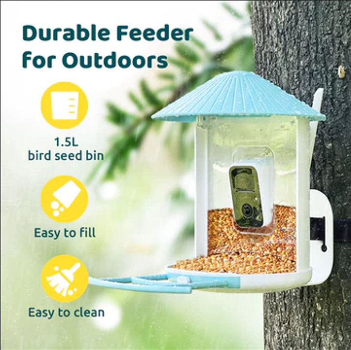 Birdfy Feeder AI By Subscription With Motion Detection Wireless Camera And Solar, Smart Bird Feeder for Outdoors, Blue