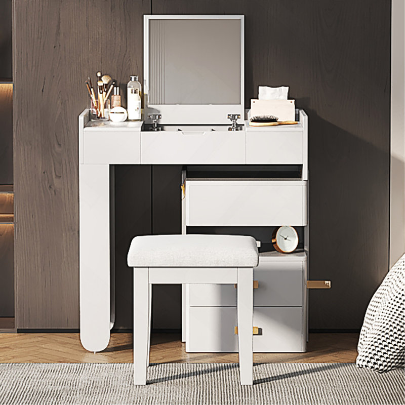 Meuble-lavabo 3 en 1 avec miroir rabattable, éclairage DEL, longueur réglable et grands tiroirs - Coiffeuse multifonctionnelle élégante pour la maison