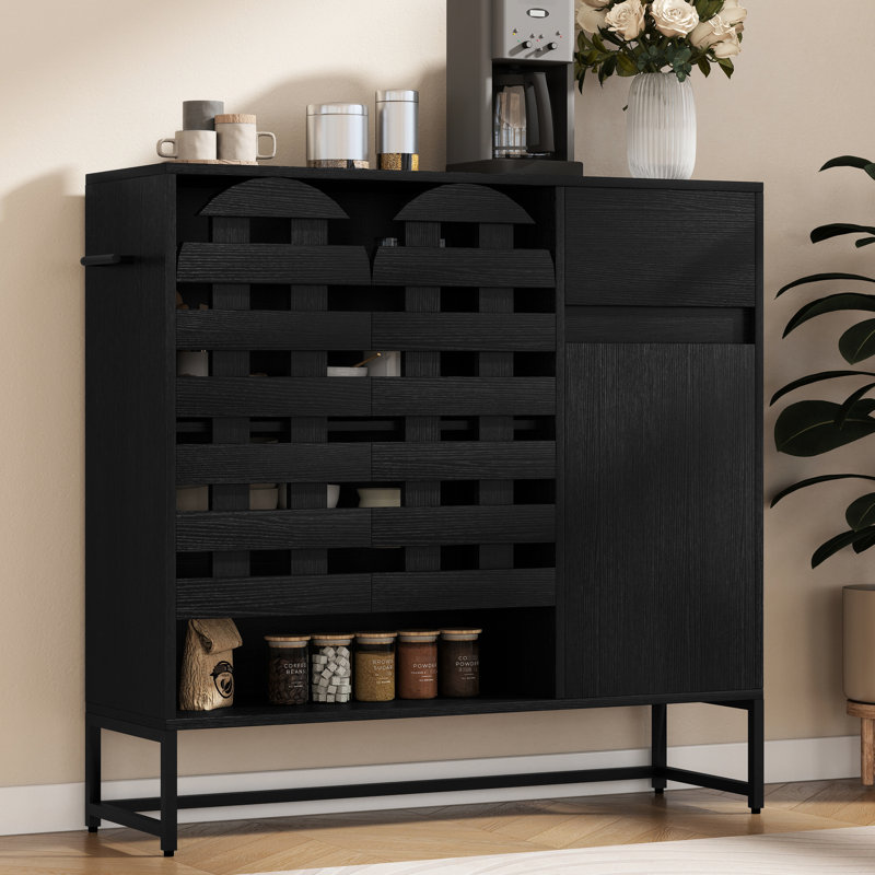 Meuble d'appoint de 116 cm (45,66 po), noir tissé, portes cintrées, rangement ajustable, décor de salle à manger
