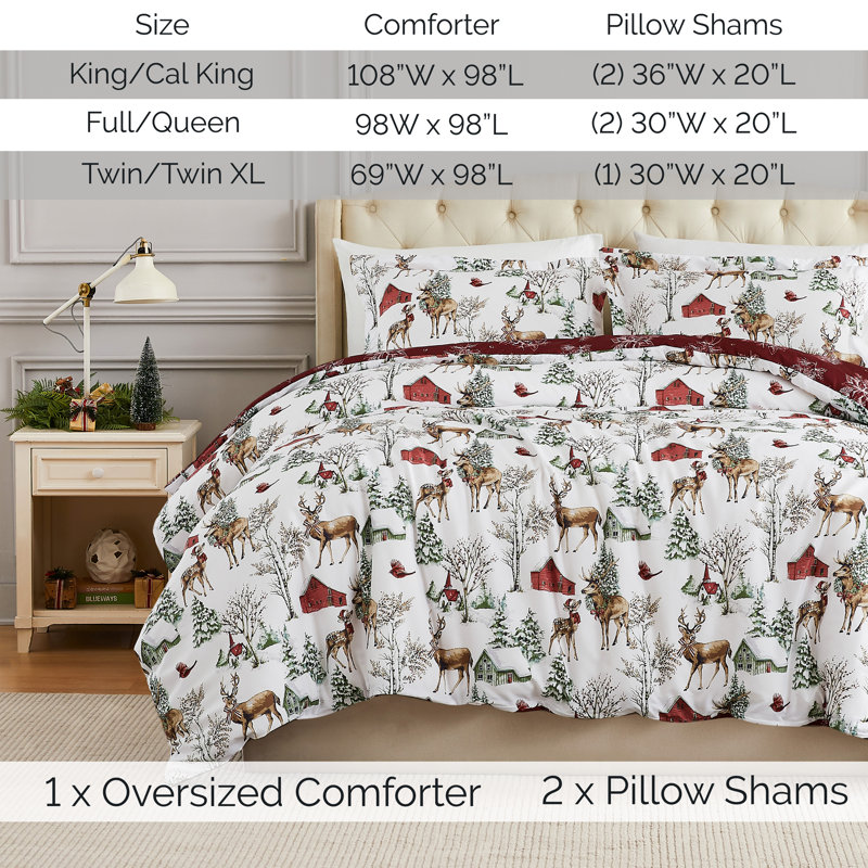 Ensemble d'édredon en duvet blanc réversible surdimensionné White Christmas, Édredon pour grand lit + 2 taies décoratives