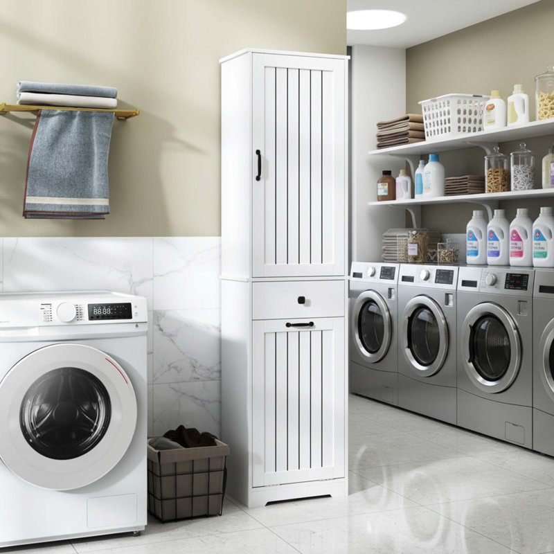 White Laundry Storage With 1 Cabinet And 1 Drawer, Compact Organizer For Bathroom