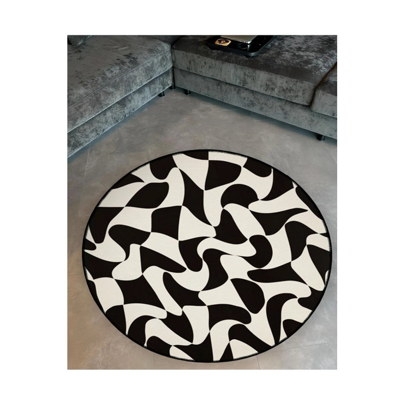 Black And White Shapes Patterned Woven Base Decorative Carpet, Round 2'8"