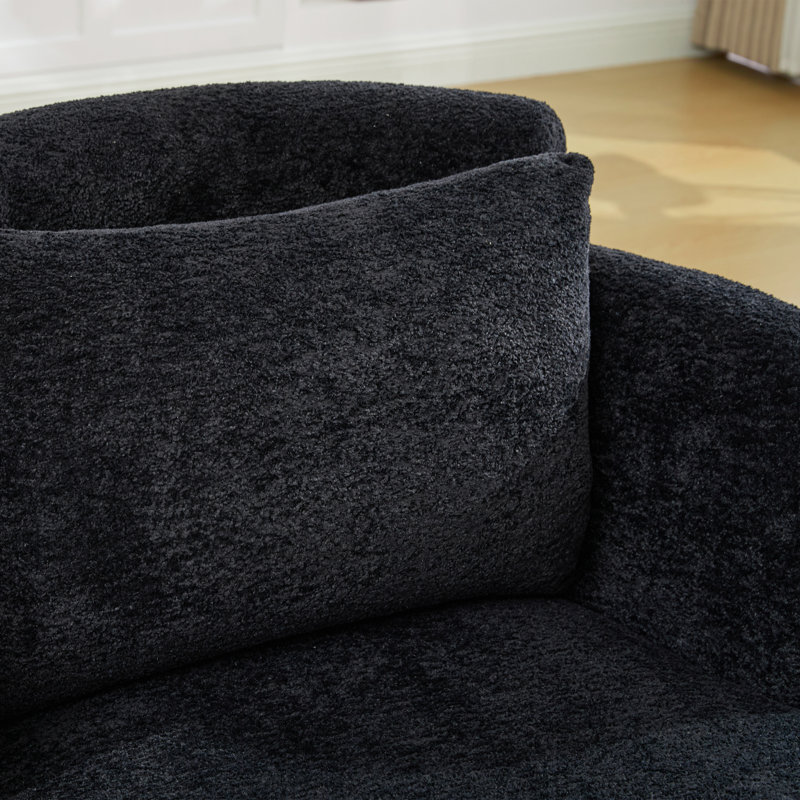 Fauteuil pivotant en chenille de 86 cm de large avec appui-tête réglable et anneau décoratif en bois, Noir