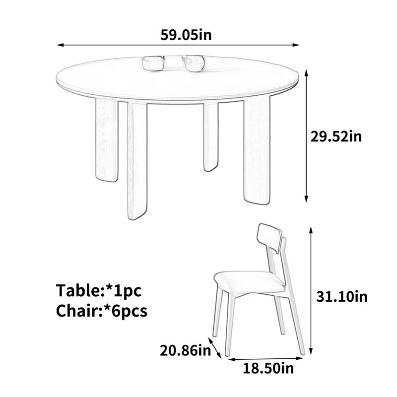 Table de salle à manger Spilsby, 7 pièces : table, 6 chaises, H 29,52 po x l 59,05 po x P 59,05 po