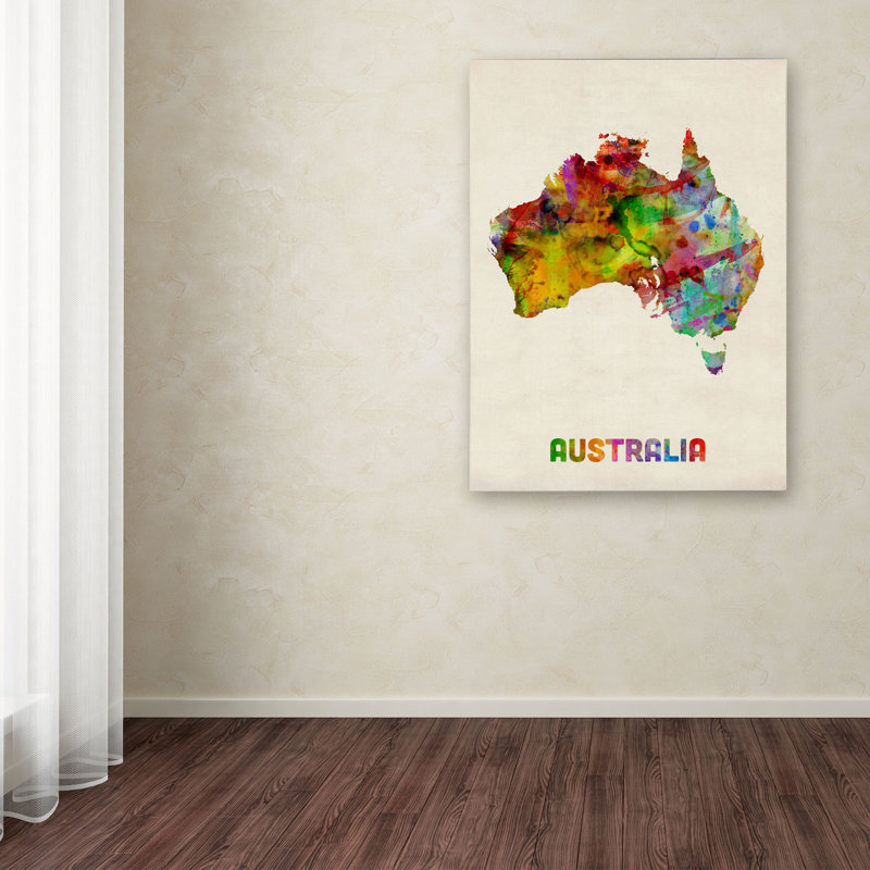 « australia aquarelle map » par michael tompsett, impression sur toile tendue, H 24 po x l 18 po x P 2 po