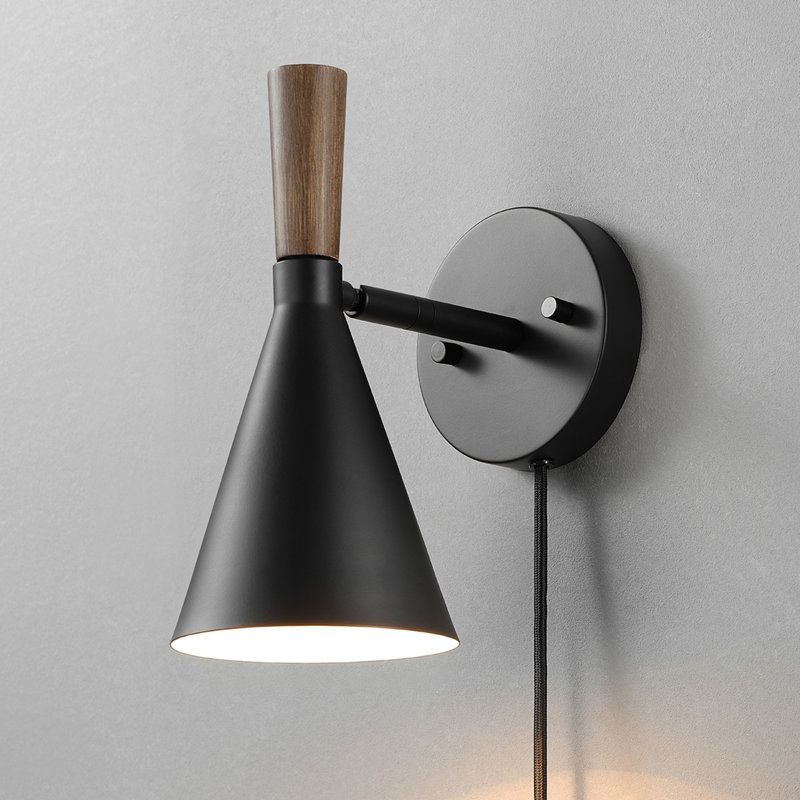 George Oliver 1-Light Black Plug-In Or Hardwire Wall Sconce With Wood ...