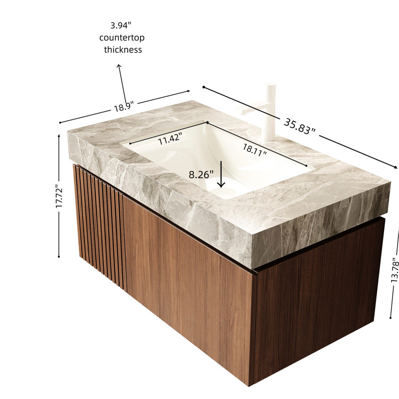 Meuble-lavabo flottant 36 po: - Pierre frittée de style, lavabo en céramique, rangement imperméable, tiroir et porte, agencement de couleurs chêne brun