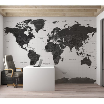 World Map Wallpaper Wall Mural - Black And White Map