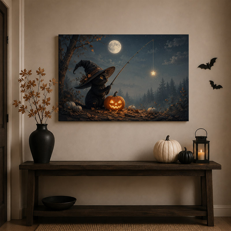 Chat noir portant un chapeau de sorcière pêchant une toile lumineuse d'Halloween, H 12 po x l 18 po