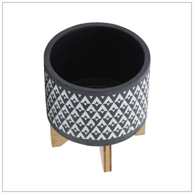 CERAMIC AZTEC PLANTER ON WOODEN STAND, GRAY