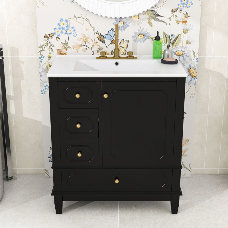 Meuble-lavabo en bois durable avec lavabo intégré et tablettes de rangement, Noir / blanc