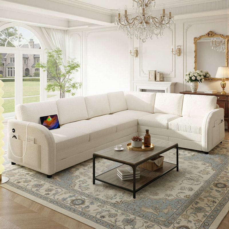 115" Oversized L-Shaped Sleeper Sectional Couch with Pull-Out Bed, Reversible Left/Right Facing Convertible Sofa Bed with USB Ports, Side Pockets & Teddy Upholstery, for Living Room, Apartment