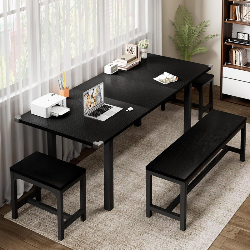Ensemble de table de salle à manger 5 pièces - noir - table extensible 63 po, 4 à 8 places, 2 bancs et 2 tabourets carrés, bois aggloméré, assemblage facile