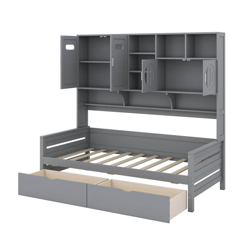 Lit de jour simple en bois avec 2 tiroirs, armoire et tablettes, Gris