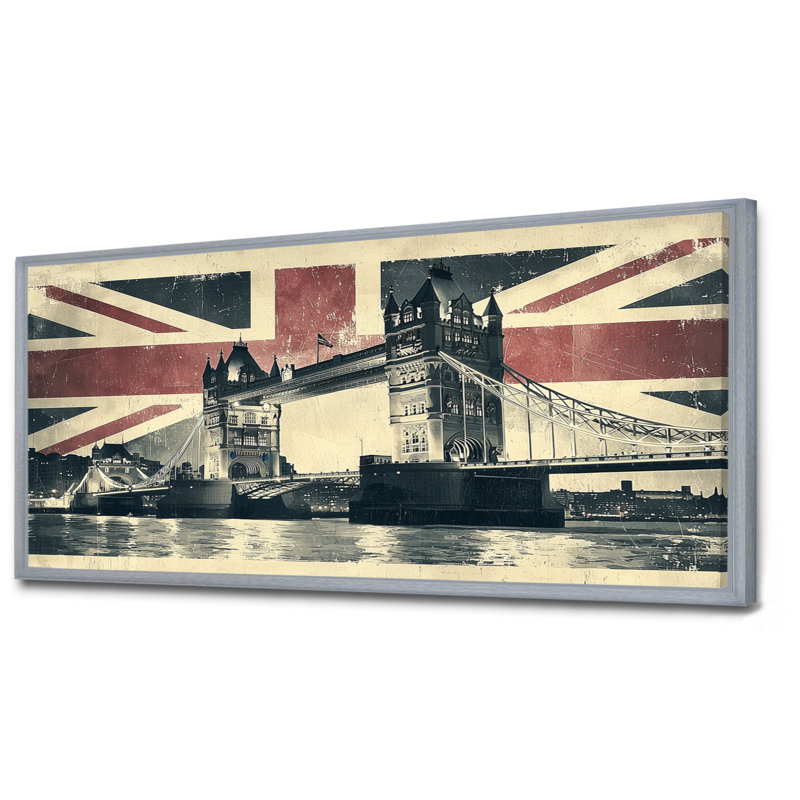Décoration murale rétro, lumières de pont sur le drapeau du Royaume-Uni, Angleterre, H 28 po x l 60 po, Cadre flottant