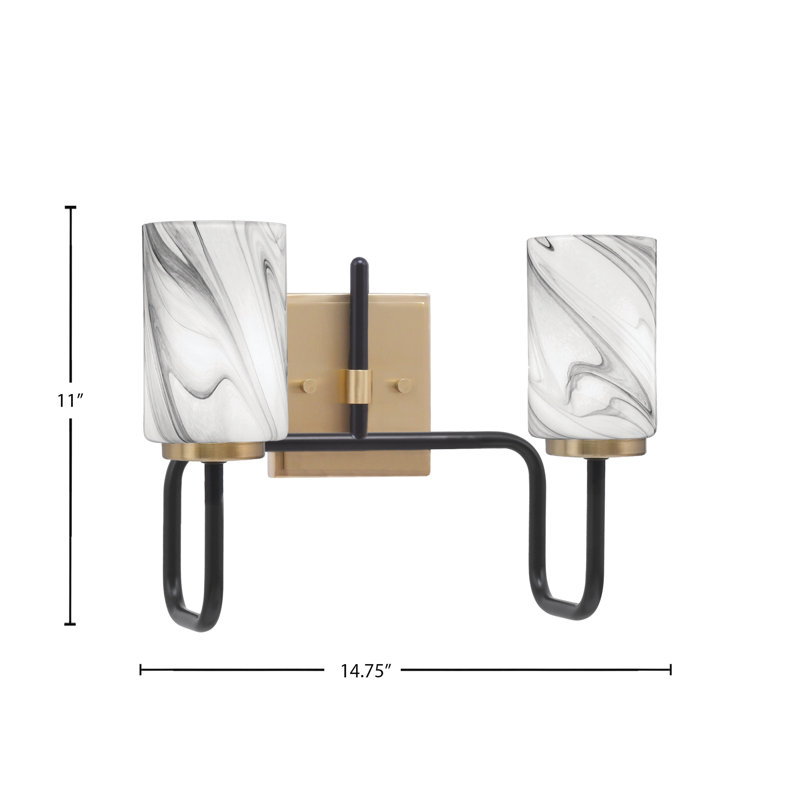 Barre d'éclairage de salle de bain 2 lumières Amarmula, noir mat et laiton vieilli, verre tourbillon onyx de 4 po
