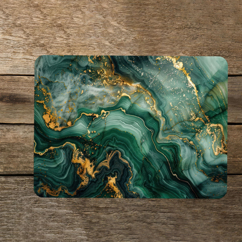 Gold and Green Marble Pattern Glass Serving Board with Easy Carry Design and Personalized Chopping Features, 11" x 15"