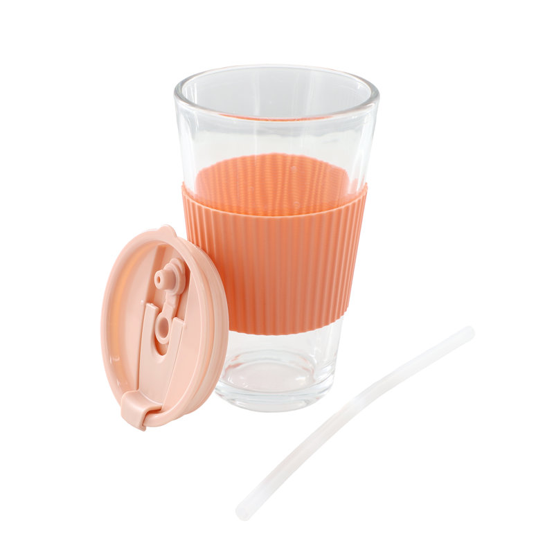 Ensemble de 4 tasses en verre Mr. Coffee 4 pièces avec couvercle et paille en rose