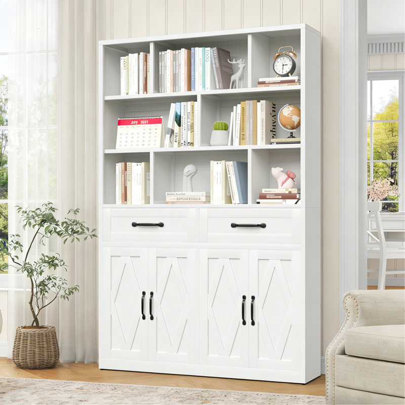 71" H Metal Bookcase With 2 Doors & 2 Drawers, Tall Storage Cabinet With Fixed Open Shelves For Home Office, Living Room, Modern Bookshelf, White