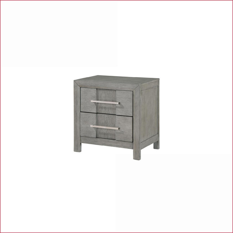 Table de chevet 2 tiroirs moderne gris avec poignées en métal argenté, Gris