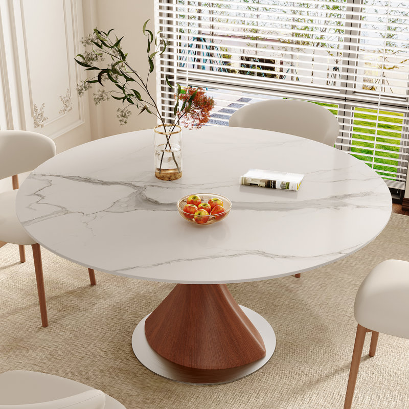 Table de salle à manger ronde moderne avec plateau en pierre frittée et base en bois massif pour 2 à 6 personnes, Blanc