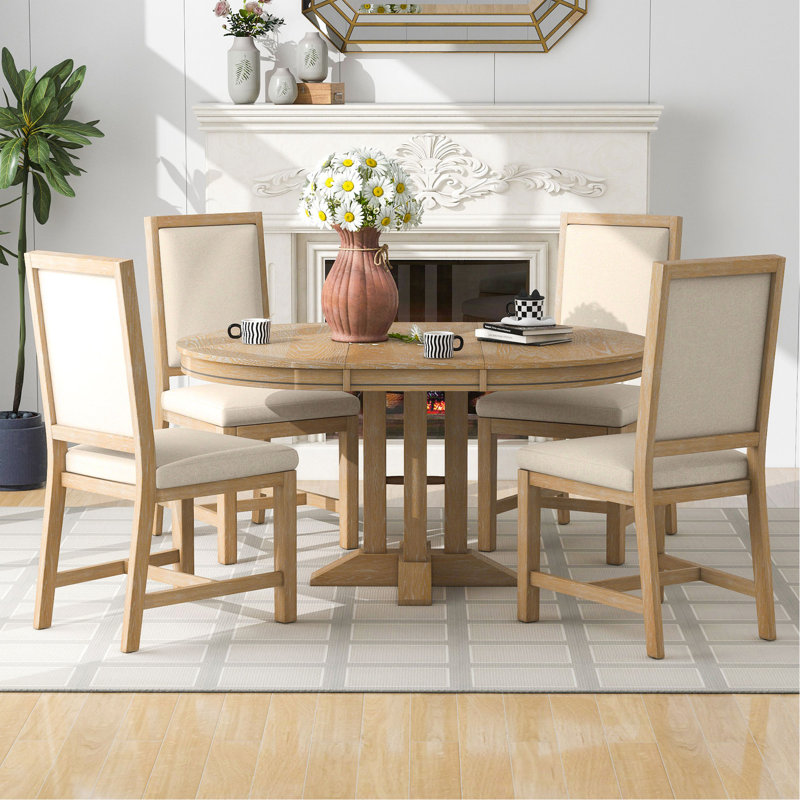 Ensemble de salle à manger 5 pièces avec table ronde extensible et 4 chaises rembourrées pour la cuisine, la salle à manger (bois naturel délavé)