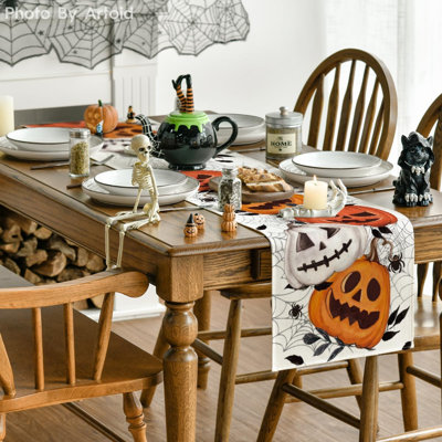 Chemin de table 210 g / m² Halloween 13 x 108 pouces | Toile d'araignée citrouille, décoration de table de salle à manger de cuisine saisonnière