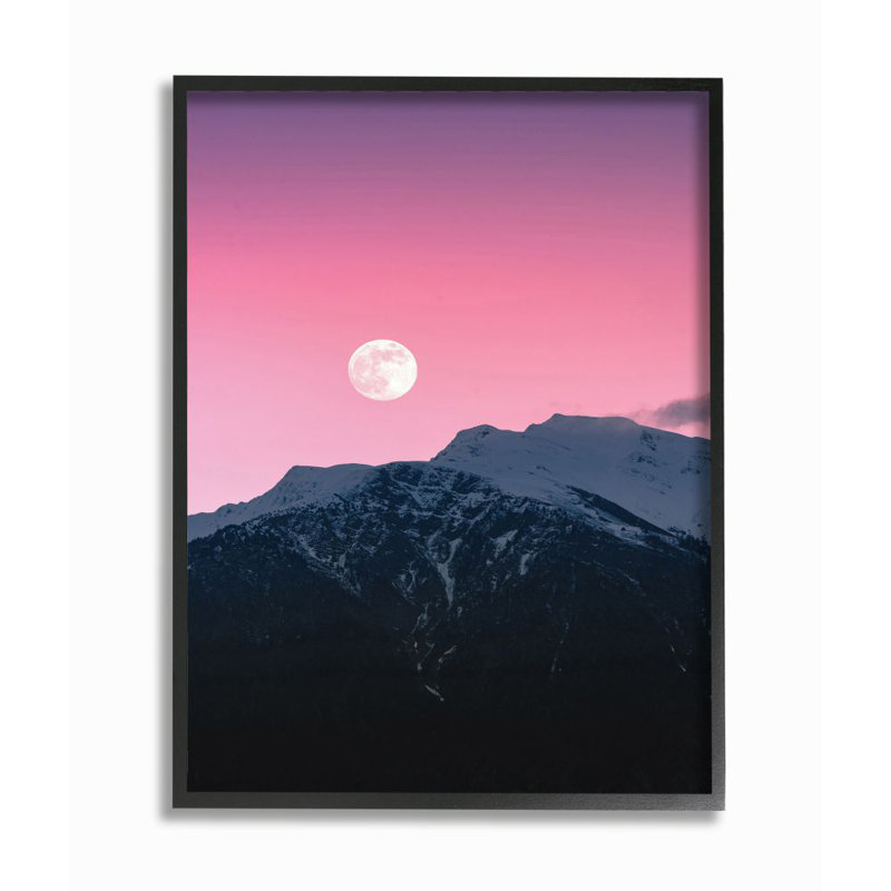 La lune se lève sur les montagnes avec un ciel rose - reproduction de photo, H 14 po x l 11 po x P 1,5 po