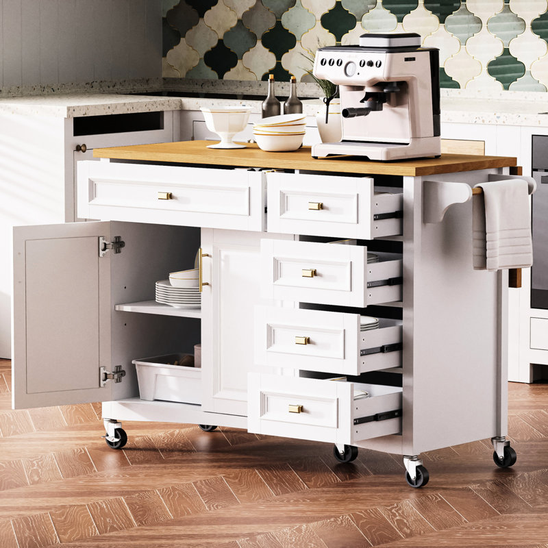 White Kitchen Island On Wheels With Drop Leaf. Surface Design, Spice Rack, Towel 2 Doors, 5 Drawers, Adjustable Shelf Storage 52'' Leaf Mobility. White, Texture, For Elegant Modern Luxury Coastal