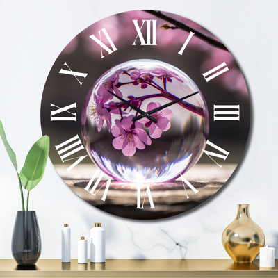 Crystal Ball With Pink Cherry Blossom Metal Wall Clock
